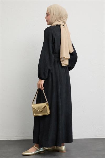 Gömlek Yaka Kemerli Düz Siyah Viskon Elbise