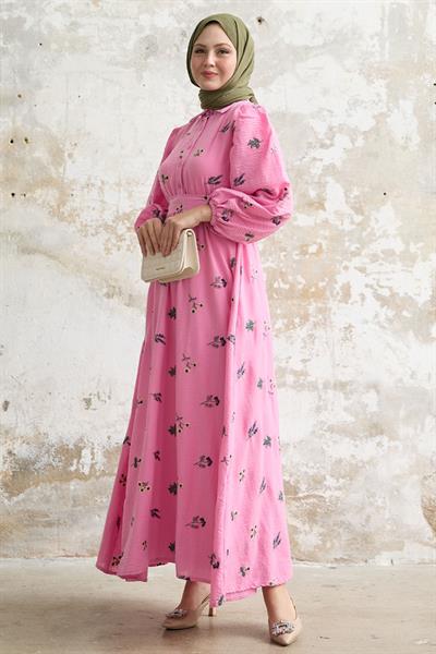 Shirt Collar Embroidered Fuchsia Dress