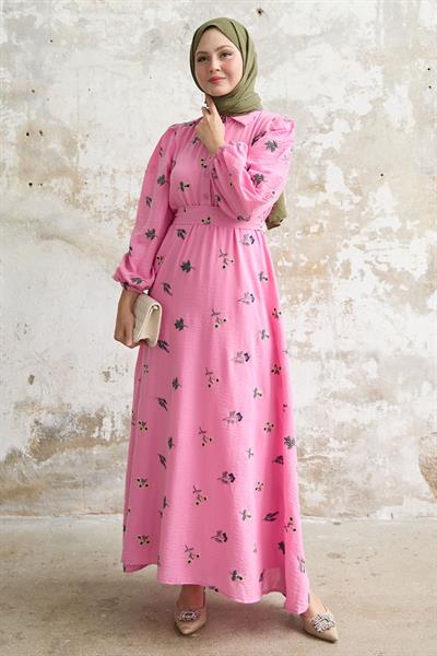 Shirt Collar Embroidered Fuchsia Dress