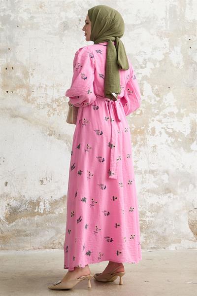 Shirt Collar Embroidered Fuchsia Dress