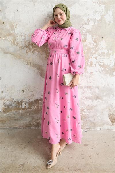 Shirt Collar Embroidered Fuchsia Dress