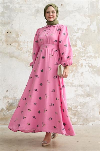Shirt Collar Embroidered Fuchsia Dress