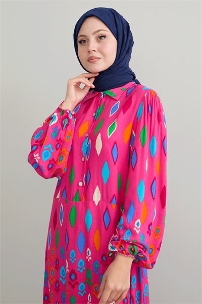 Gömlek Yaka Salaş Fuşya Viskon Elbise