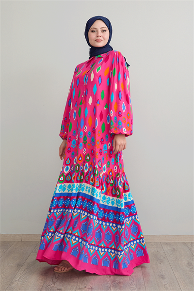 Gömlek Yaka Salaş Fuşya Viskon Elbise