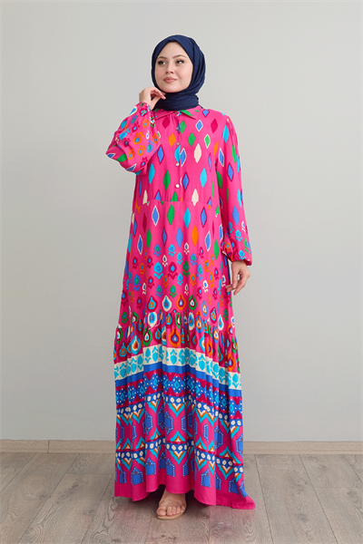 Gömlek Yaka Salaş Fuşya Viskon Elbise