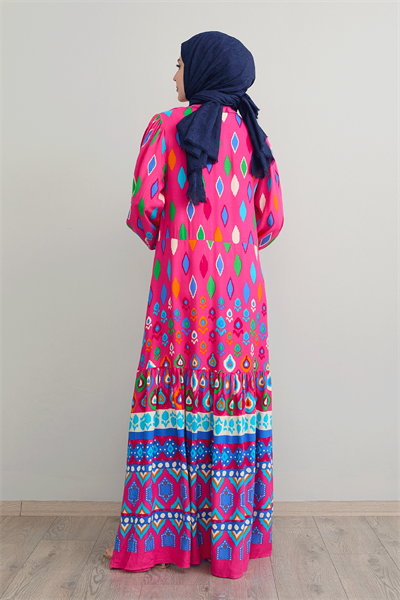 Gömlek Yaka Salaş Fuşya Viskon Elbise