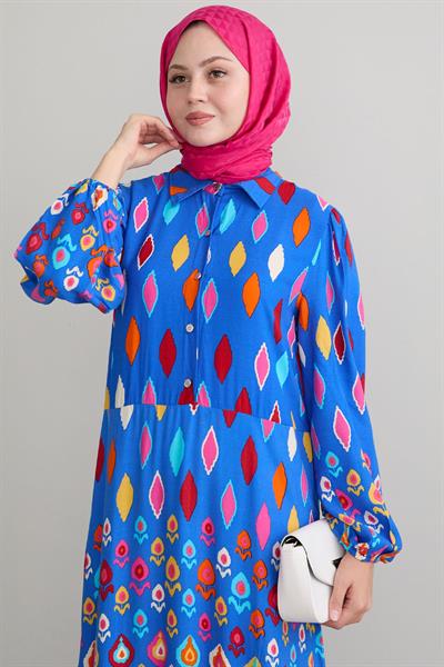 Gömlek Yaka Salaş İndigo Viskon Elbise