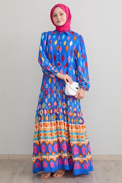 Gömlek Yaka Salaş İndigo Viskon Elbise