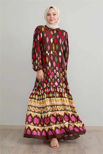 Gömlek Yaka Salaş Kahverengi Viskon Elbise