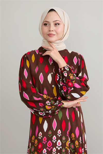 Gömlek Yaka Salaş Kahverengi Viskon Elbise