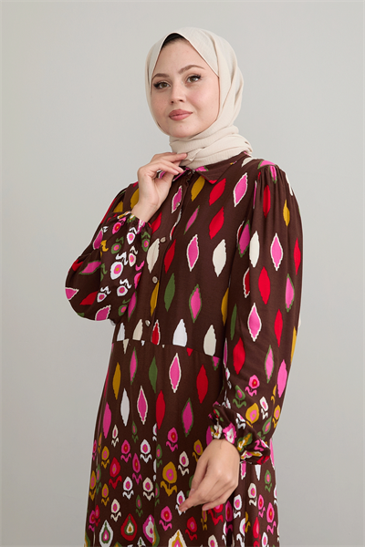 Gömlek Yaka Salaş Kahverengi Viskon Elbise