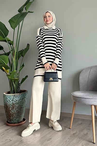 Gömlek Yaka Şeritli Ekru Triko Takım