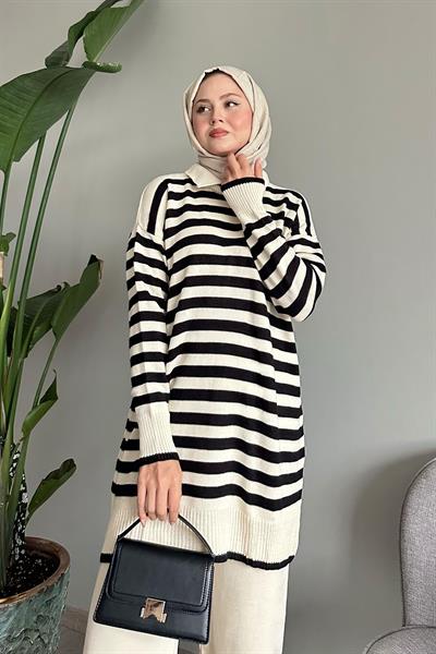 Gömlek Yaka Şeritli Ekru Triko Takım