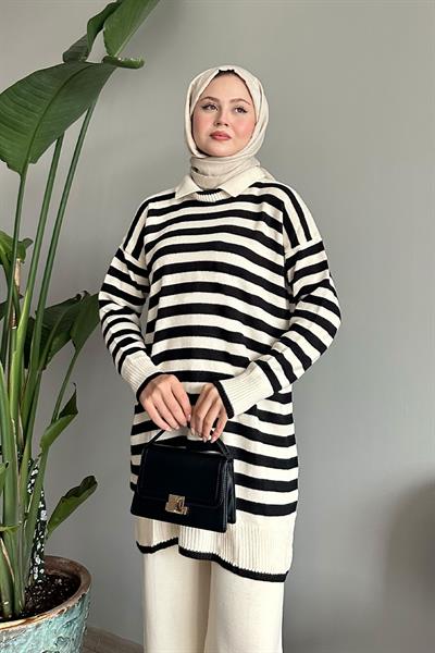 Gömlek Yaka Şeritli Ekru Triko Takım