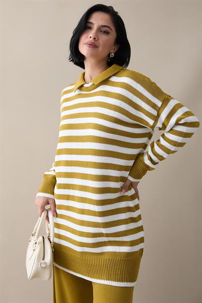 Gömlek Yaka Şeritli Yağ Yeşili Triko Takım