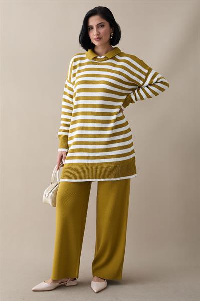 Gömlek Yaka Şeritli Yağ Yeşili Triko Takım