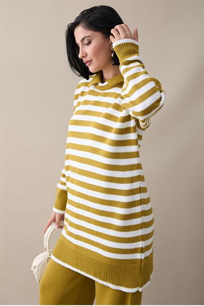 Gömlek Yaka Şeritli Yağ Yeşili Triko Takım