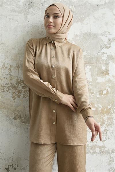 Gömlek Yaka Simli İkili Camel Takım