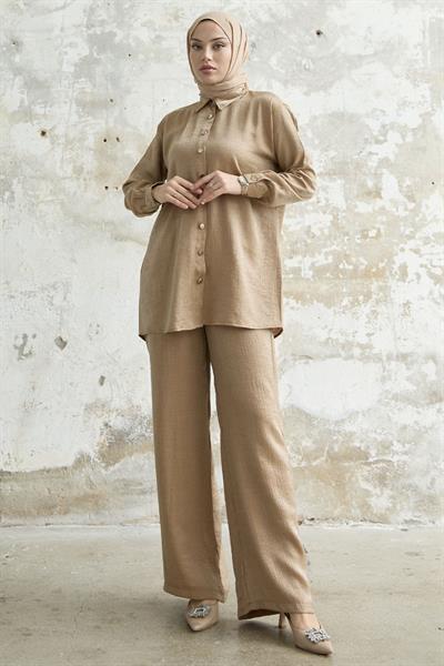 Gömlek Yaka Simli İkili Camel Takım