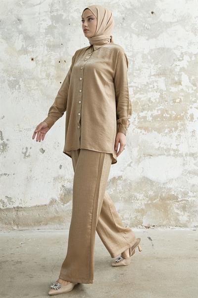 Gömlek Yaka Simli İkili Camel Takım