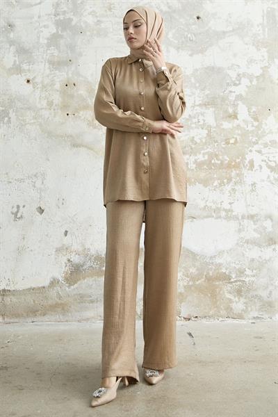 Gömlek Yaka Simli İkili Camel Takım