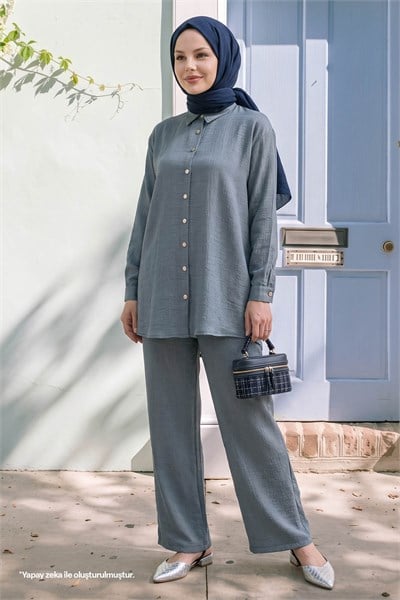 Shirt Collar Glittery Two-Piece Gray Suit