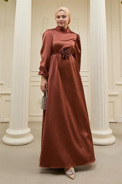 Gül Detay Taba Saten Elbise