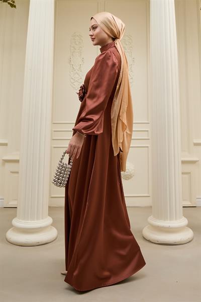 Gül Detay Taba Saten Elbise