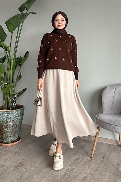 Gül Motif Ajurlu Acı Kahve Triko Kazak