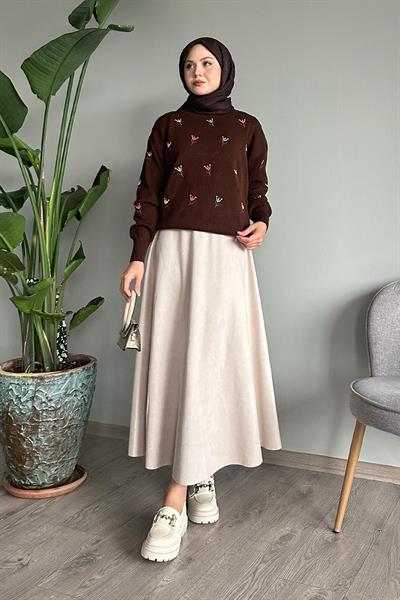 Gül Motif Ajurlu Acı Kahve Triko Kazak