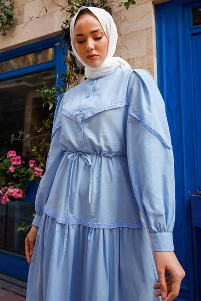 Güpür Detay Balon Kol Bebe Mavisi Elbise