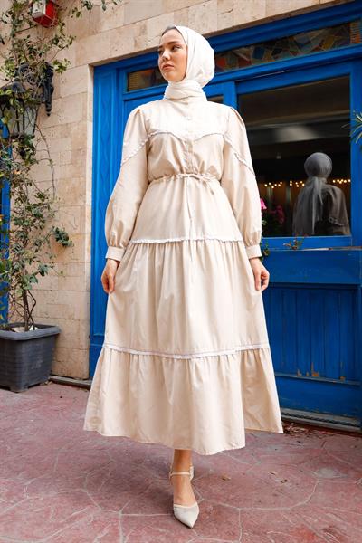 Lace Detail Balloon Sleeve Stone Dress