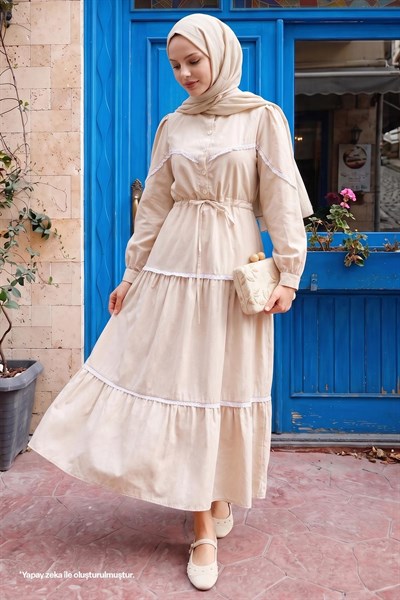 Lace Detail Balloon Sleeve Stone Dress