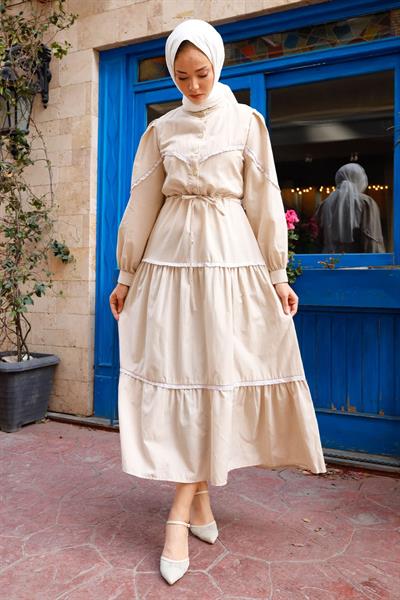 Lace Detail Balloon Sleeve Stone Dress