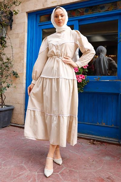 Lace Detail Balloon Sleeve Stone Dress