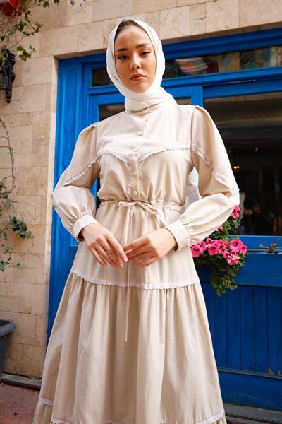 Lace Detail Balloon Sleeve Stone Dress