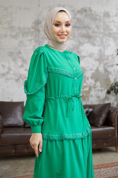 Güpür Detay Balon Kol Yeşil Elbise