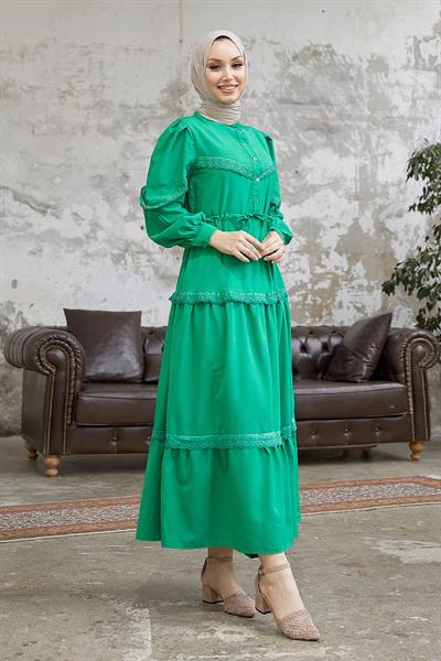 Güpür Detay Balon Kol Yeşil Elbise