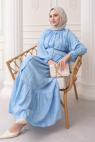 Hakim Yaka Çilek Desen Bebe Mavisi Elbise