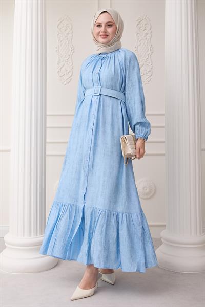 Hakim Yaka Çilek Desen Bebe Mavisi Elbise