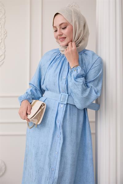 Hakim Yaka Çilek Desen Bebe Mavisi Elbise