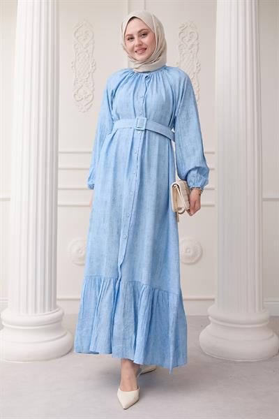 Hakim Yaka Çilek Desen Bebe Mavisi Elbise