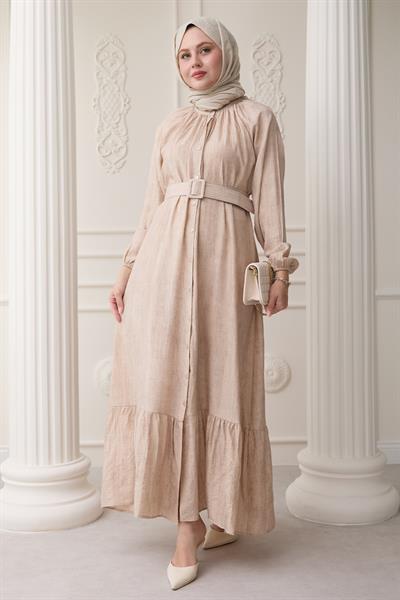 Hakim Yaka Çilek Desen Bej Elbise