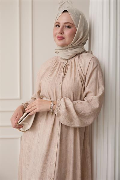 Hakim Yaka Çilek Desen Bej Elbise