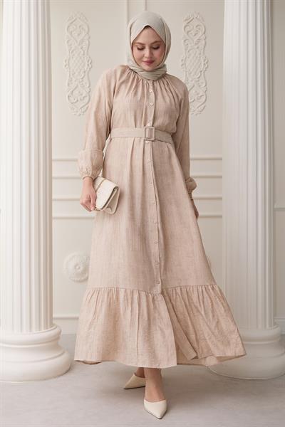 Hakim Yaka Çilek Desen Bej Elbise