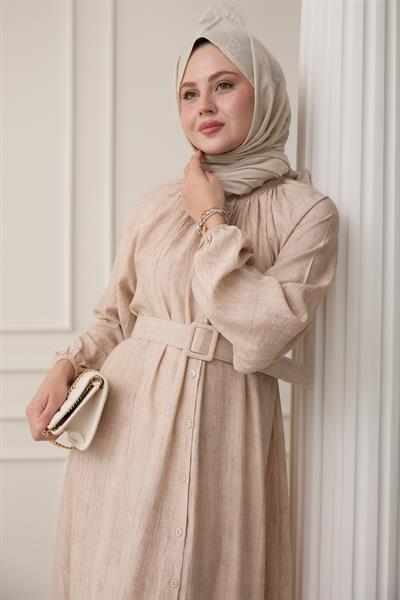 Hakim Yaka Çilek Desen Bej Elbise