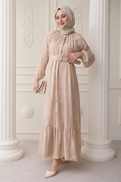 Hakim Yaka Çilek Desen Bej Elbise