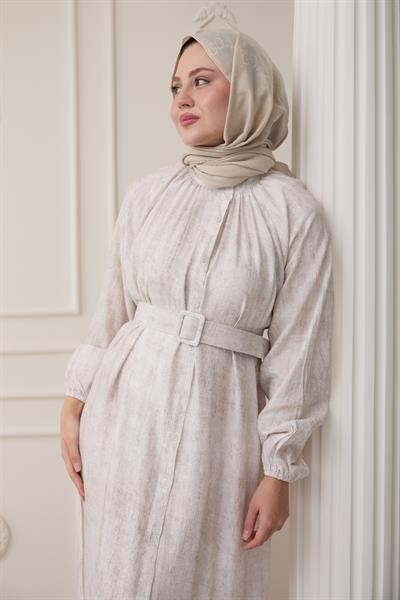 Hakim Yaka Çilek Desen Ekru Elbise