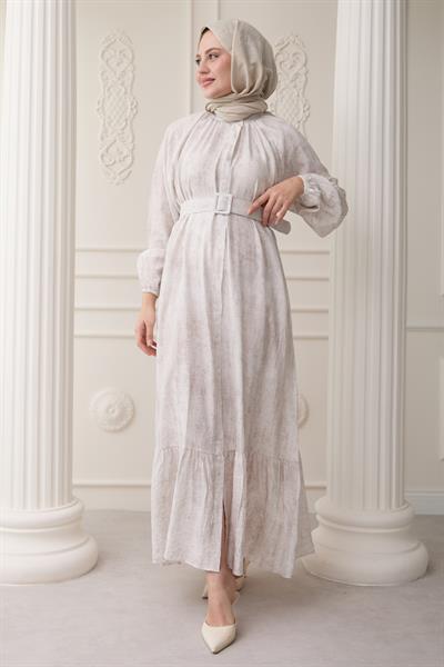 Hakim Yaka Çilek Desen Ekru Elbise