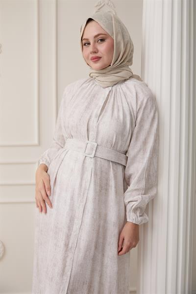 Hakim Yaka Çilek Desen Ekru Elbise